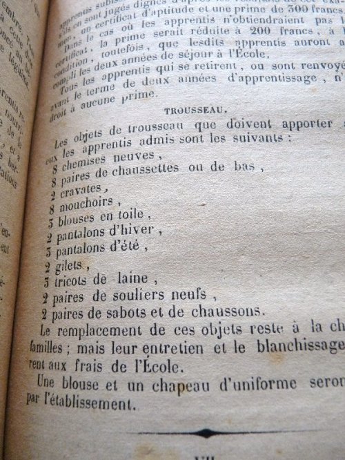 A demanding clothing list for the shepherds' school: 8 new shirts, 8 pairs of stockings or socks, 2 cravats, 8 handkerchiefs, 5 blouses, 2 pairs winter trousers, 3 pairs summer trousers, 2 waistcoats, 3 woollen jumpers, 2 new pairs shoes, 2 pairs clogs and liners.  The shcool did the laundry though.