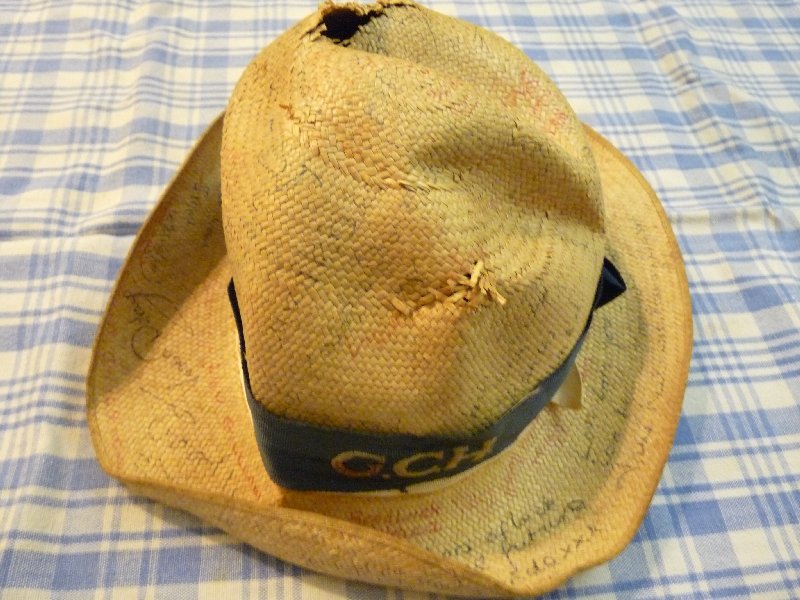 School panama hat: signed by all my friends before becoming a museum piece.  Or I could have done as some others did, and thrown it into the Thames.