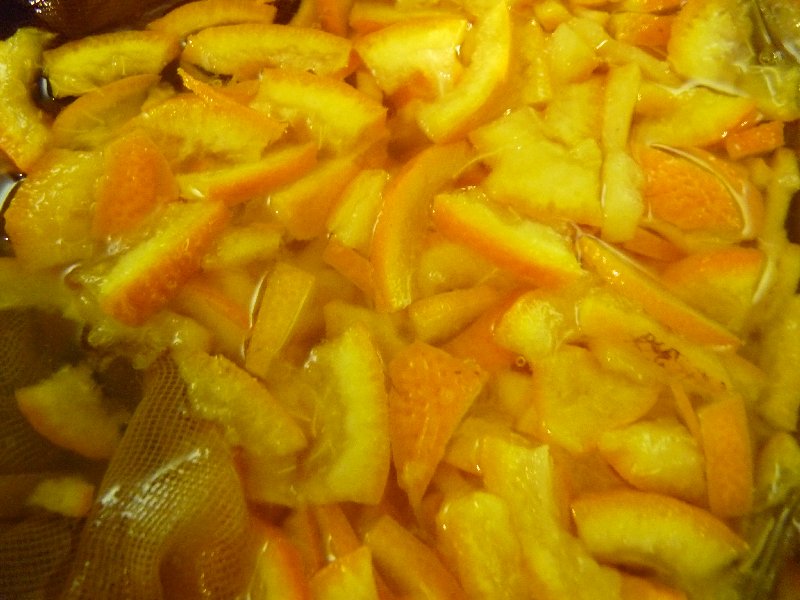 Chopped Seville oranges waiting for the pot.