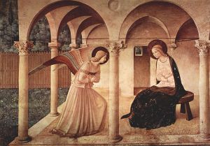 One of Fra Angelico's interpretations of the Annunciation, at the Museo di San Marco.  Wikimedia Commons.