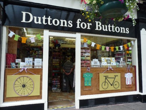 Back in the shopping quarter, Duttons for Buttons celebrates le Tour ... entirely in buttons.