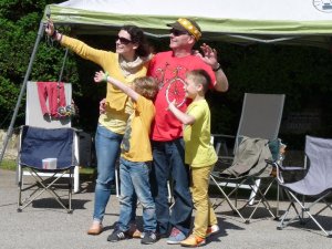 Ellie, Phil, Ben and Alex welcome the publicity caravan.