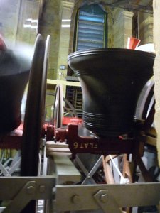 Bell in the belfry, almost fully turned.