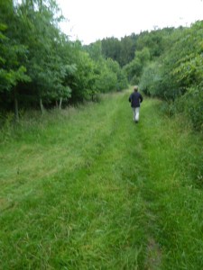 Clare strides away into the woods.